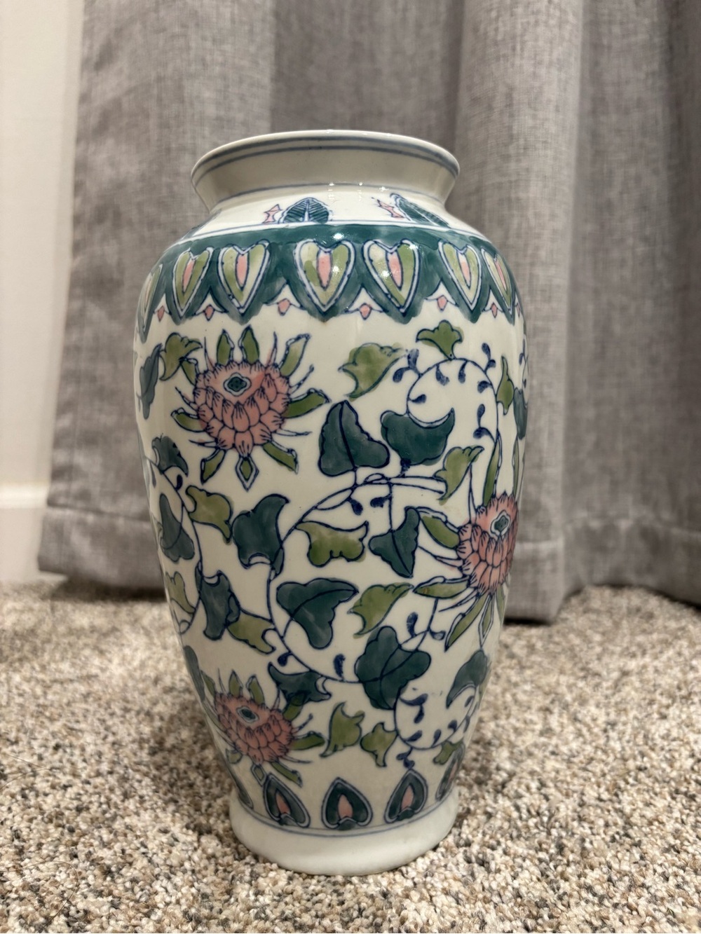 Large Vintage Chinese Vase Pink Green Chinoiserie Decor Tall Floral Vase Lotus